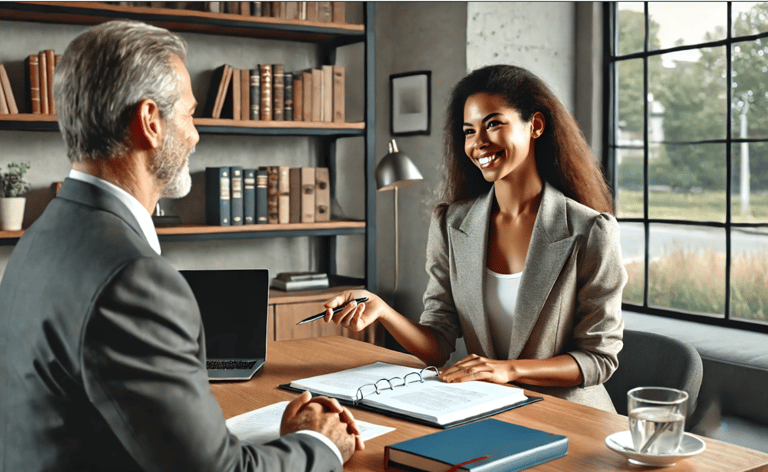 a man and woman sitting at a table with a laptop