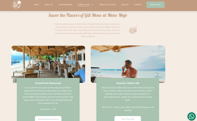 a webpage that showcases the dining & café page from the Meno Mojo website