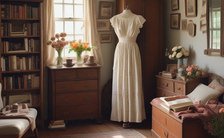 A vintage-themed clothing and decor shop interior with wooden floors and white walls. Clothing is neatly arranged on racks, featuring a mix of shirts, jackets, and hats. The store is decorated with potted plants, including cacti, and various retro items such as posters and signage. There are shelves displaying small potted plants and wooden crates filled with merchandise. A mannequin wearing a vintage t-shirt and sneakers sits on a wooden box.