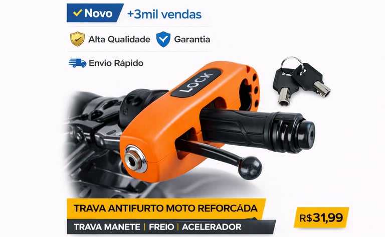 Trava antifurto reforçada laranja para manete de freio e acelerador de moto com chaves.