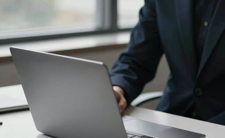 A professional, minimalist workspace with a sleek laptop on a clean desk. In the background, a person wearing a Dark Navy blazer is visible but slightly blurred. The office has large windows with soft daylight, reflecting a premium and modern digital marketing partnership atmosphere.