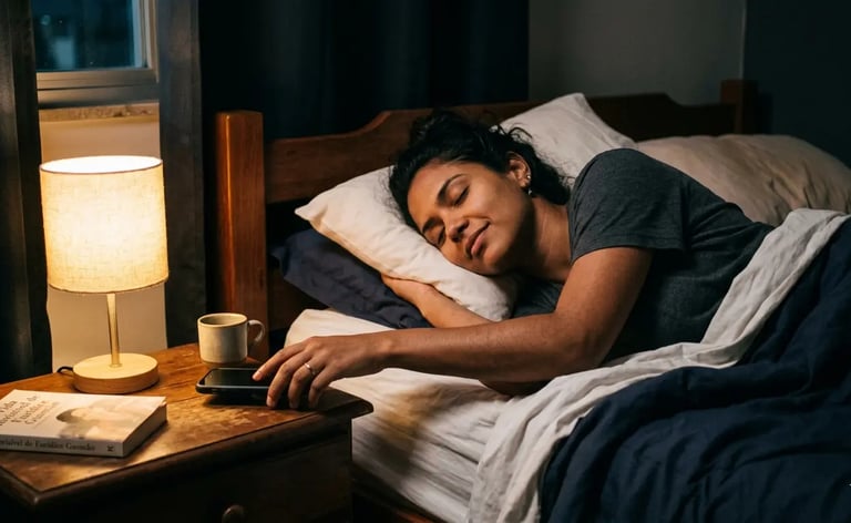 A woman sleeping in bed reaches for her smartphone on a nightstand with a lamp and book.