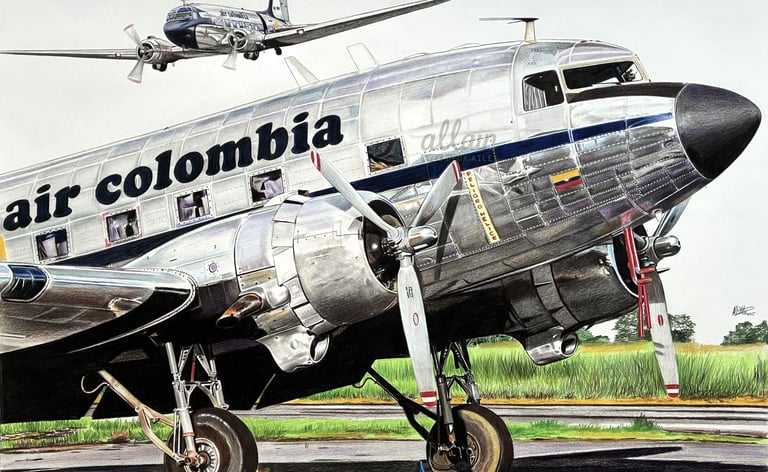 Dessin réaliste du DC-3 Air Colombia, avion ancien emblématique