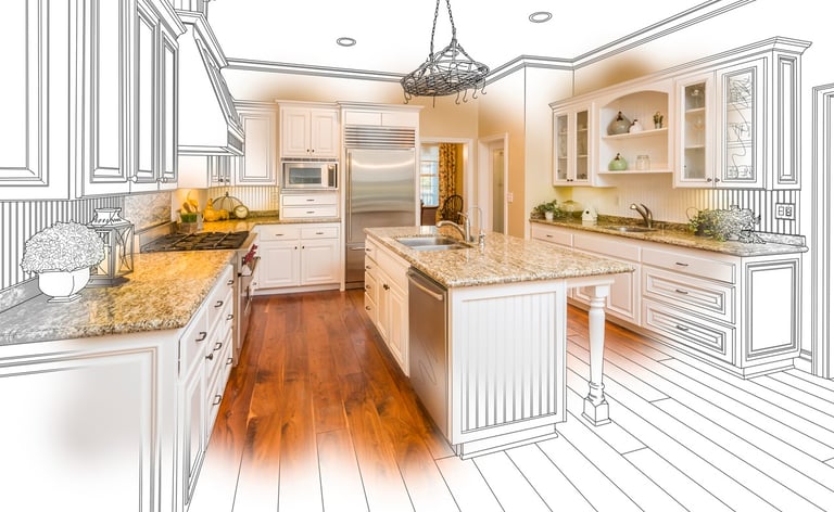 a kitchen with a drawing of a kitchen