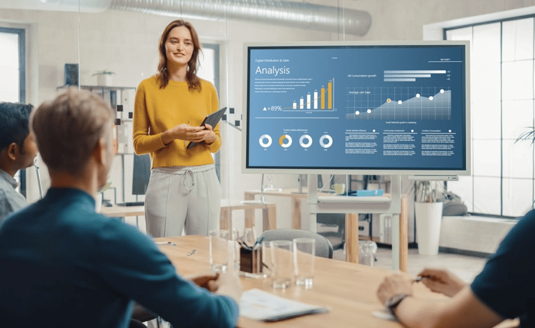 jovem líder apresentando KPIs em reunião com dashboard na tela