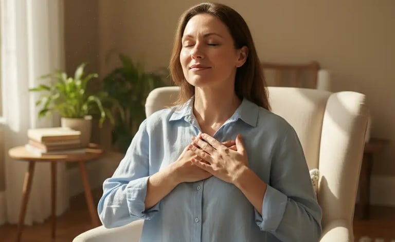 A woman slow breathing to calm herself down