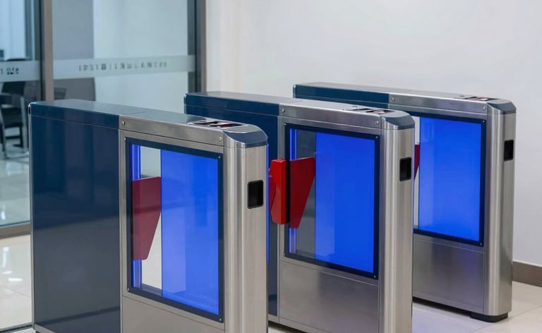 Sleek modern turnstile gates in a clean corporate lobby with blue screen glow, sharp 35mm lens, daylight.