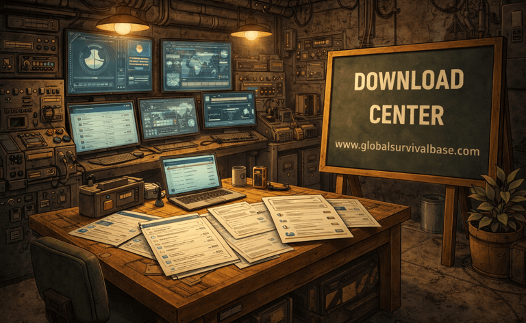 Survival base download center with computer monitors, documents, and a wooden sign in a bunker.