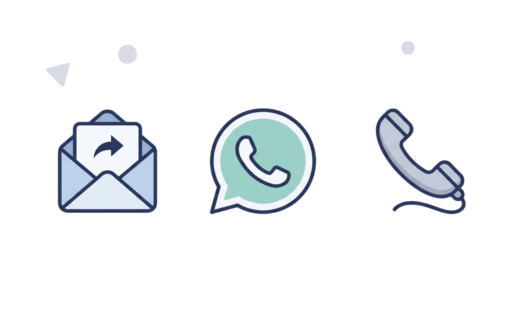 Flat line contact icons including email envelope, WhatsApp chat bubble, and telephone handset.