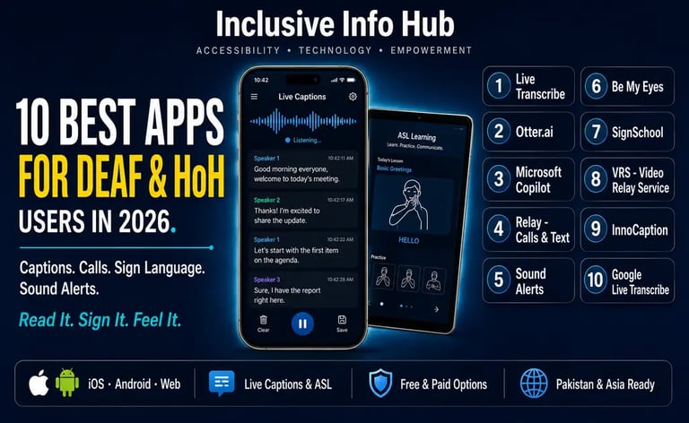 10 Best Apps for Deaf and Hard of Hearing Users image showing live captioning interface with numbered app list column badges