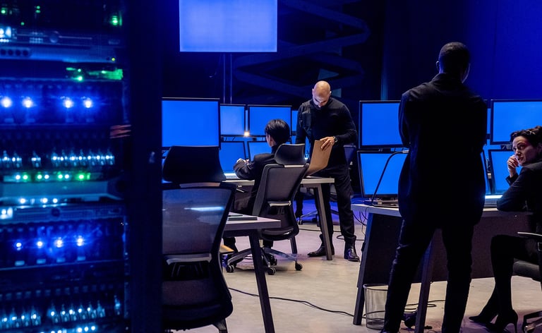 Four actors in an office setting surrounded by computer screens