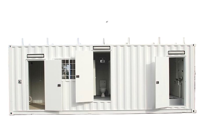 Portable white shipping container bathroom and mobile office unit with open doors.