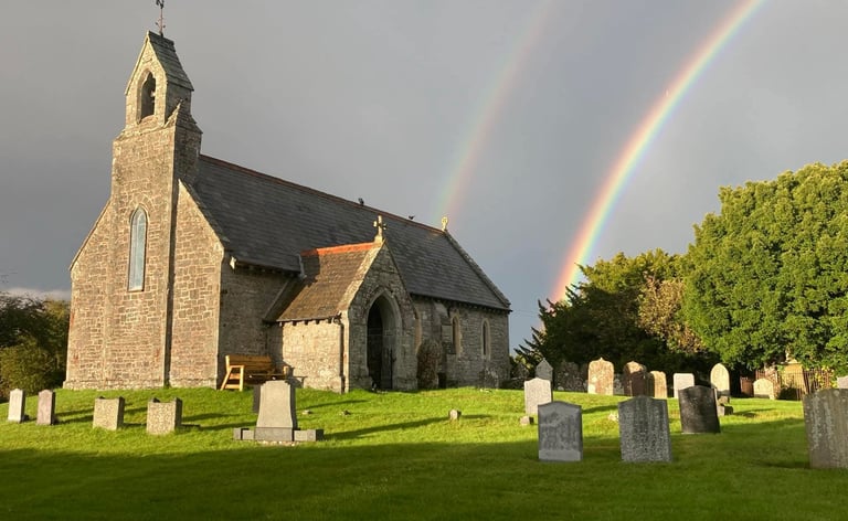 Llanfechan Church, Cilmery with double rainbow 