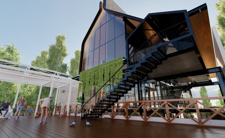 a house with a staircase and a staircase leading to a deck