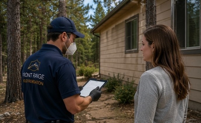 Front Range Mold Remediation certified technician conducting mold inspection beneath forested lot property in Black Forest