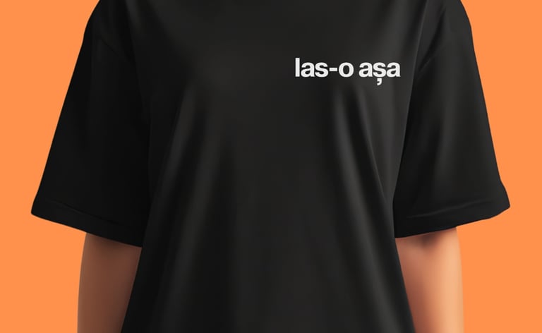 A woman wearing a black oversized t-shirt with las-o așa printed on the chest against an orange background.