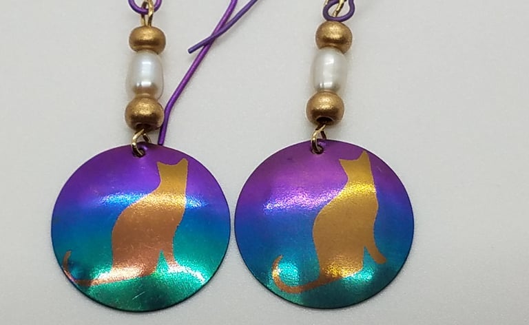 Anodized Niobium Cat Pearl Earrings