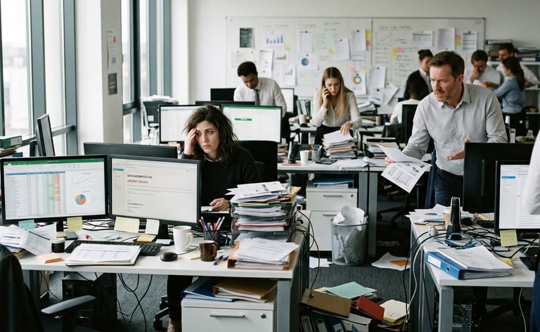 Stressed office employees working at messy desks in a chaotic, busy open-plan workspace.