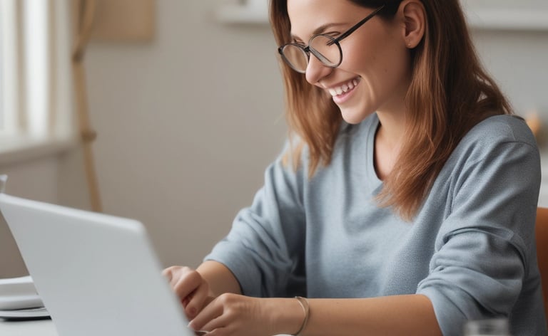 A smiling young woman wearing glasses types on her laptop while working remotely from a bright home office.