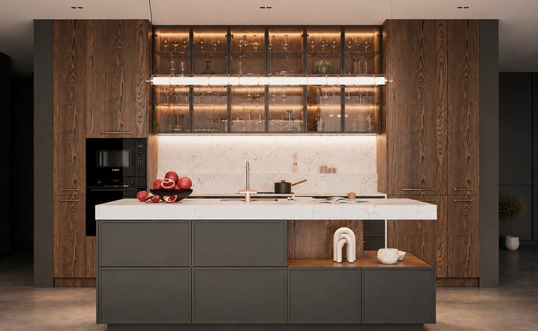luxury bespoke kitchen with dark wood cabinets