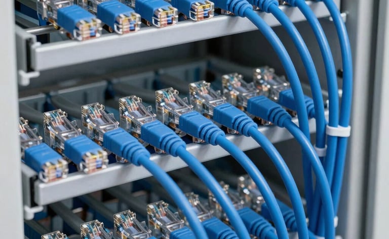 Close-up of an impeccably neat data cabling cabinet with perfectly combed blue ethernet cables and clean terminations, bright technical lighting