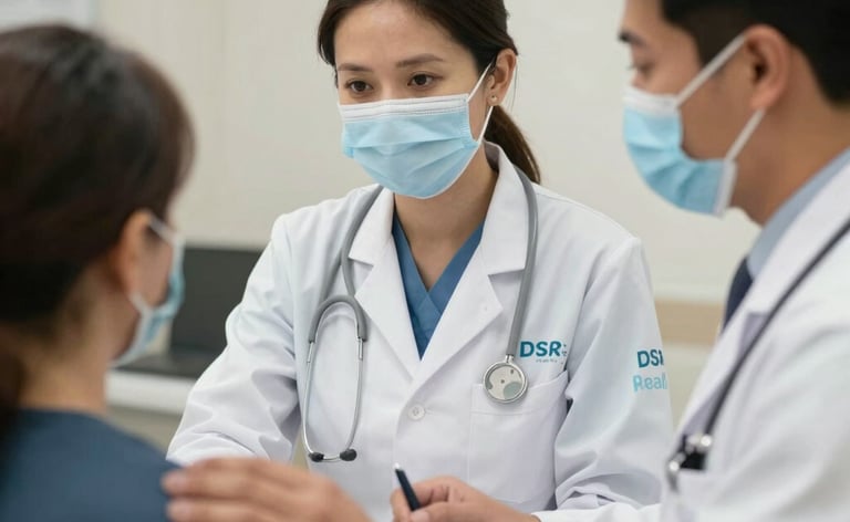 Medical team consulting with a patient in a bright, clean clinic room.