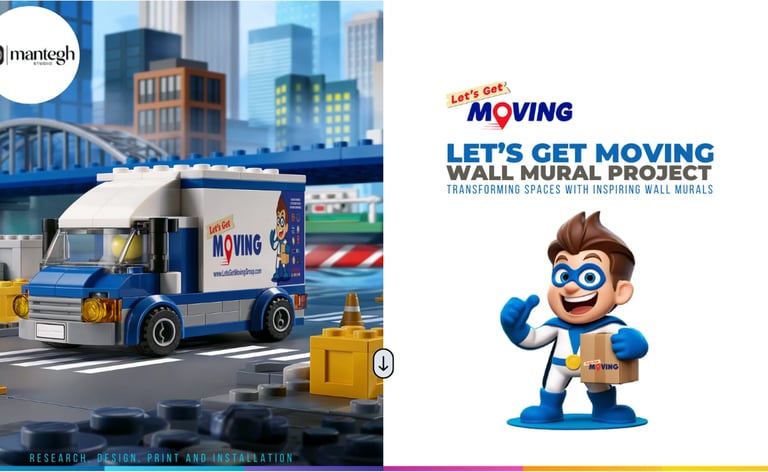 Lego moving truck and cartoon mascot for a custom wall mural project design by Mantegh Studio.
