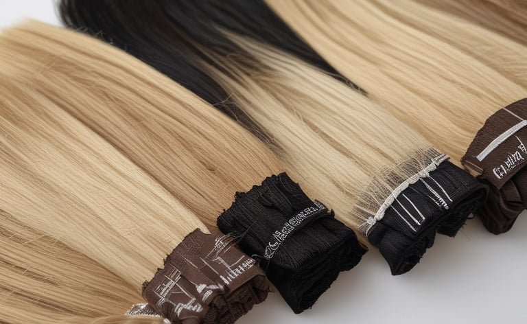 Two women are working on styling the hair of a third person whose back is facing the camera. One woman is using a tool, possibly to attach hair extensions or accessories, and the other is assisting. The setting appears to be a salon with neutral, calming colors.
