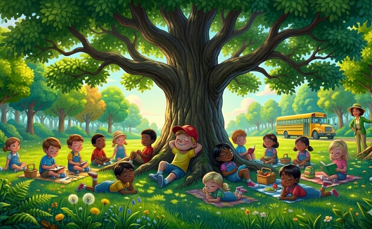 Diverse school children reading and relaxing on a field trip under a large oak tree with a yellow bus.