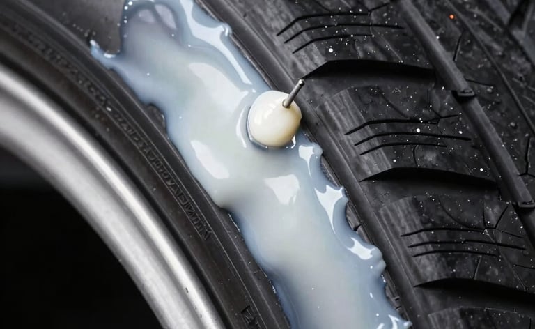 Extreme close-up macro of a tire cross-section under studio strobe lighting, sealant compound visible as a dense white liquid layer coating the inner wall, a nail puncture visible mid-tread with sealant already closing around the tip, black rubber tread in sharp focus against matte dark background