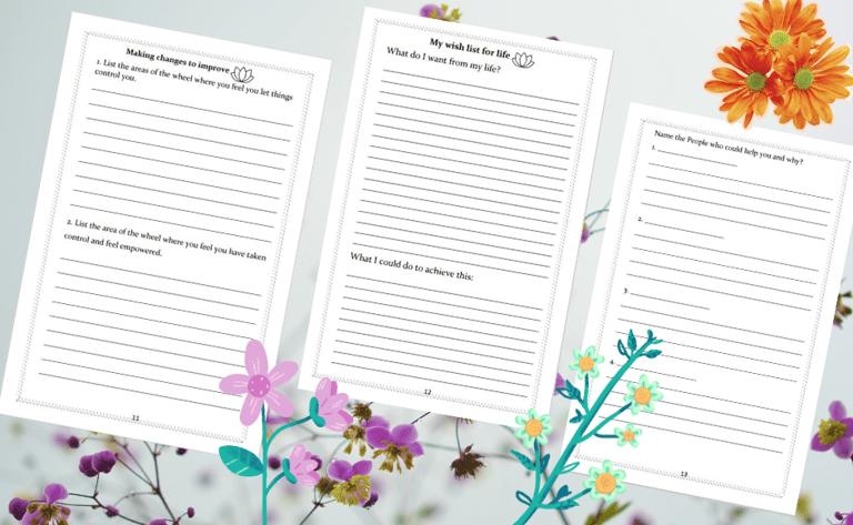 A series of pages from a mental health journal with a background image of flowers
