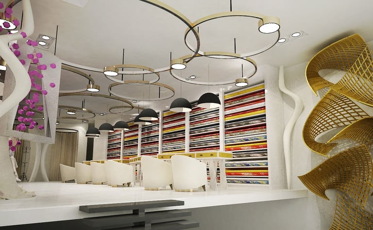 Bold creative showroom — white sculptural walls, colourful rainbow shelf display, artistic golden sc