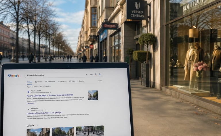 Kauno Laisvės alėja su verslo vitrinomis ir Google paieškos rezultatais fone