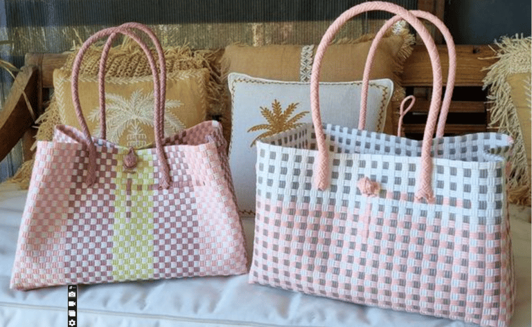 two bags of bags of fabric with a pink and white checkered pattern