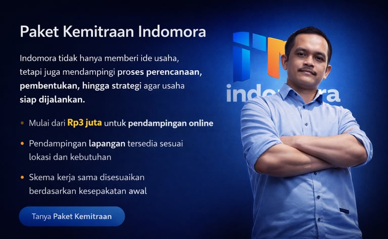 poto founder indomora meyakinkan pengguna untuk mengambil paket ide usaha kemitraan