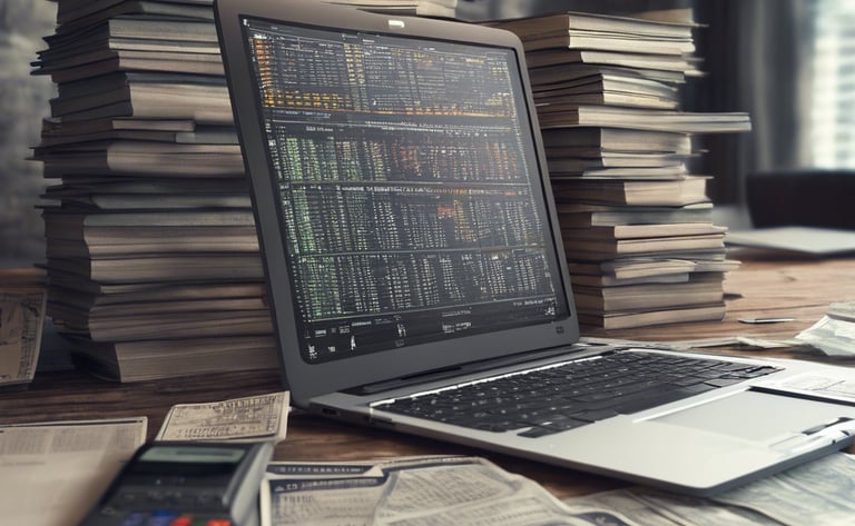 A computer with a calculator and a metaphorical image of books in the background