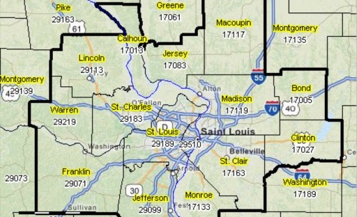 A map of St. Louis and the surrounding cities