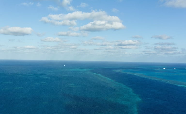 Aerial view of the Great Barrier Reef's turquoise waters under a blue sky with white clouds.
