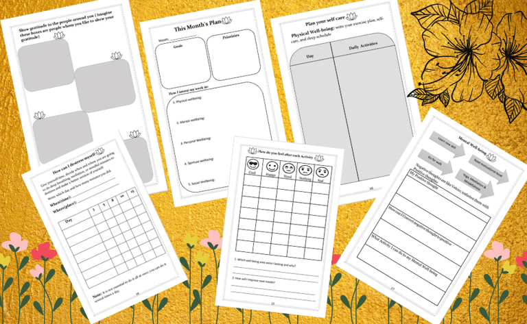 A series of pages from a mental health journal with a background image of flowers