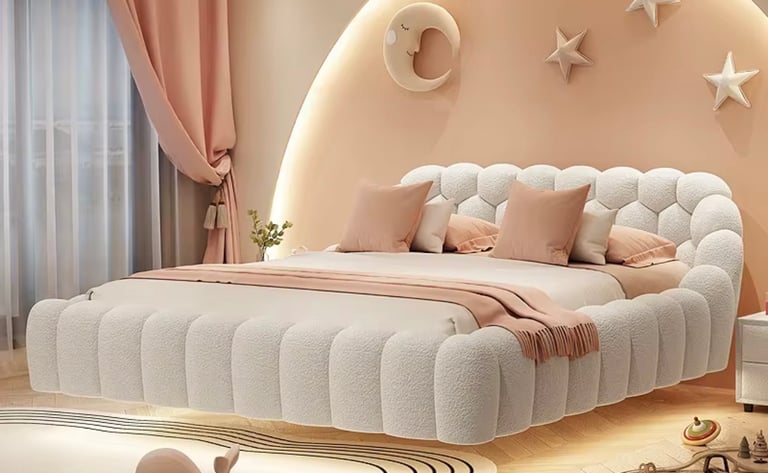 Lit capitonné beige au design incurvé avec coussins pour chambre parentale de luxe