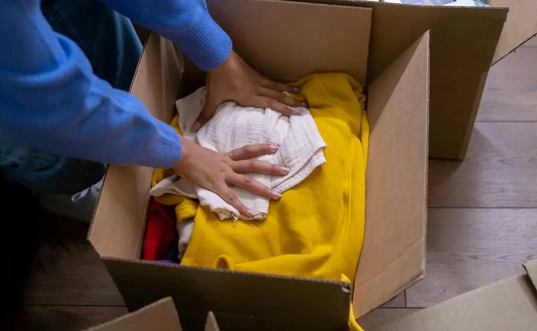 A person packing yellow clothes into a cardboard moving box while relocating to a new home.