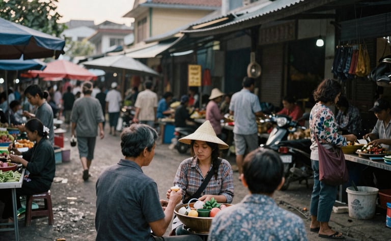 Candid shot of a bustling village market in Vietnam in the afternoon, natural ambient light, muted realistic tones, high contrast, 35mm film grain, quiet candid composition, focus on human interactions.