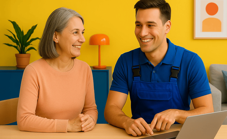 Tech matchmaker in Cedar Rapids helping customer pick the right device in bright, colorful room.