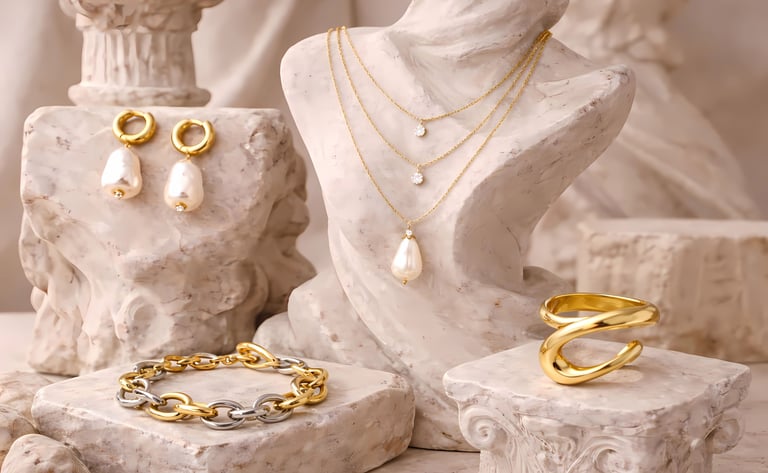 Elegante colección de joyería de perlas doradas exhibida sobre pedestales y  piedra de mármol