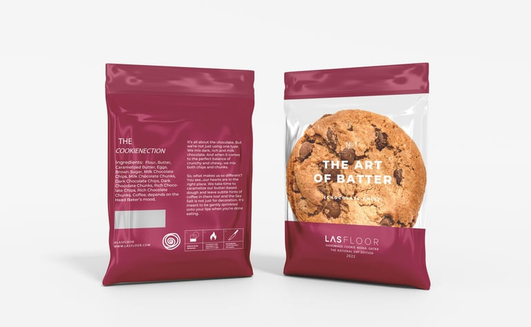 Playful and appetizing packaging design for Lasfloor Cookies, highlighting flavor and freshness.