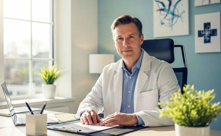 médico em ambiente clínico acolhedor, representando confiança e cuidado integral com a saúde.