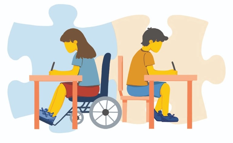 a disabled girl sitting on a wheel chair doing homework next to a boy. 2 puzzle pieces in the back