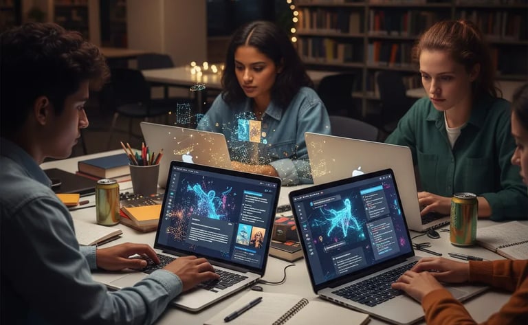 Students analyzing data and creating visualizations in a classroom with desktop systems