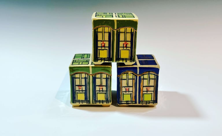 Stoneware boxes, handbuilt, stenciled with stained glass designs