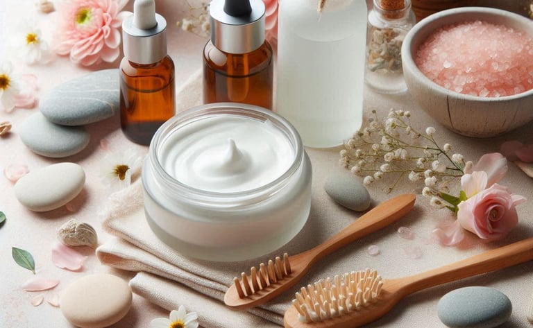 homemade cream in glass jar, essential oil bottles , flower petals